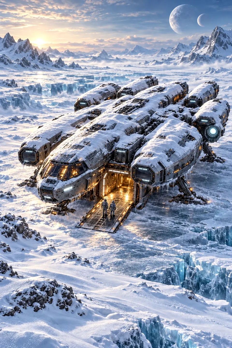 冰原科幻概念图：雪原上的多模块登陆飞船