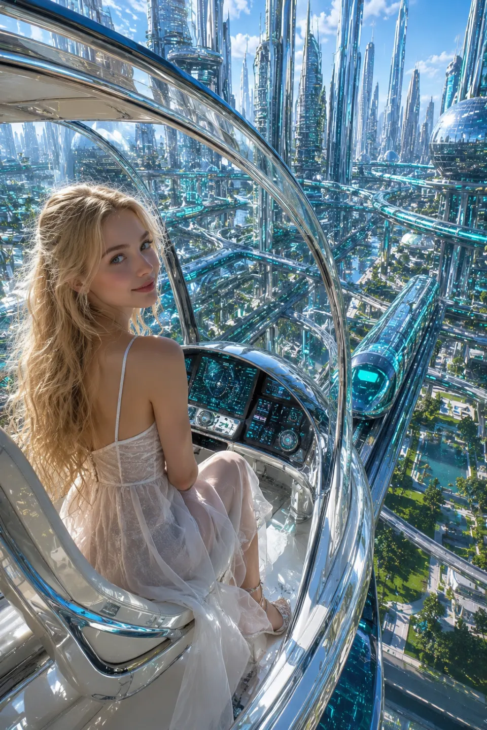 未来都市空中的白裙少女