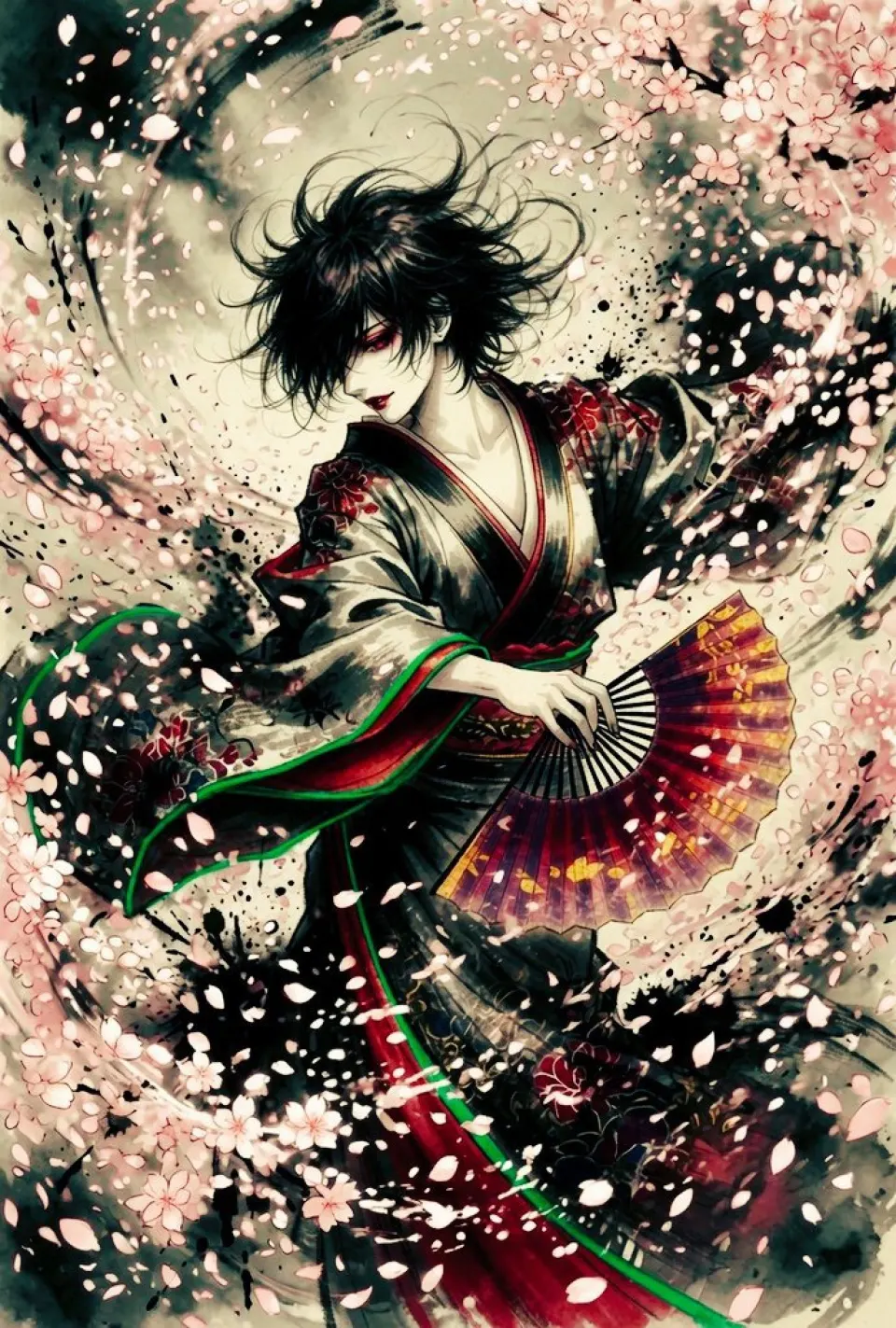 墨染樱花下的持扇少年
