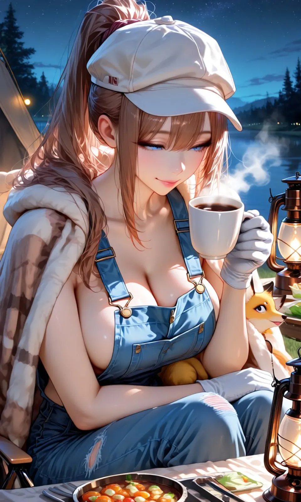 湖畔夜营：戴帽少女与热饮