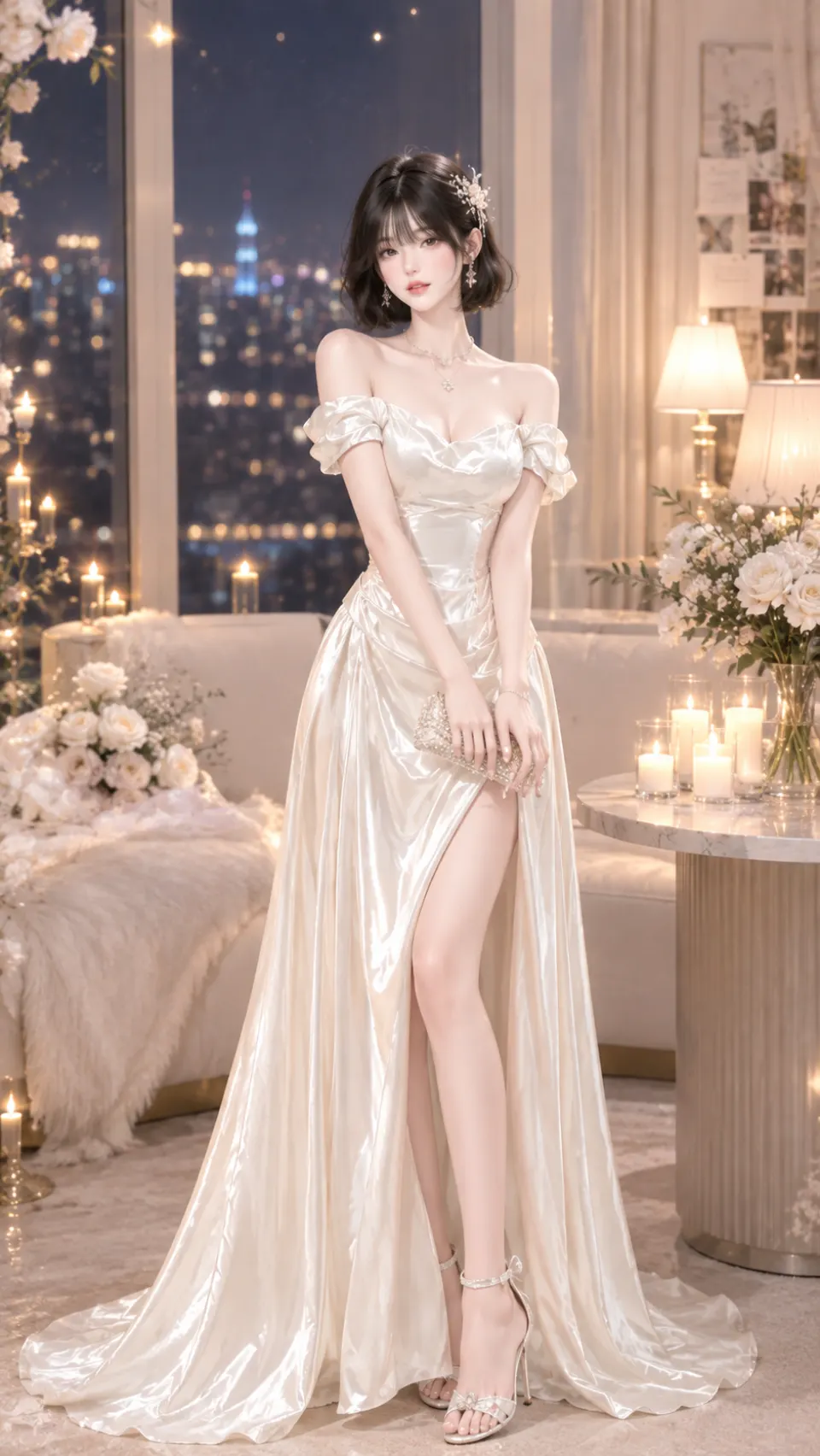 烛光房间中的白裙女性