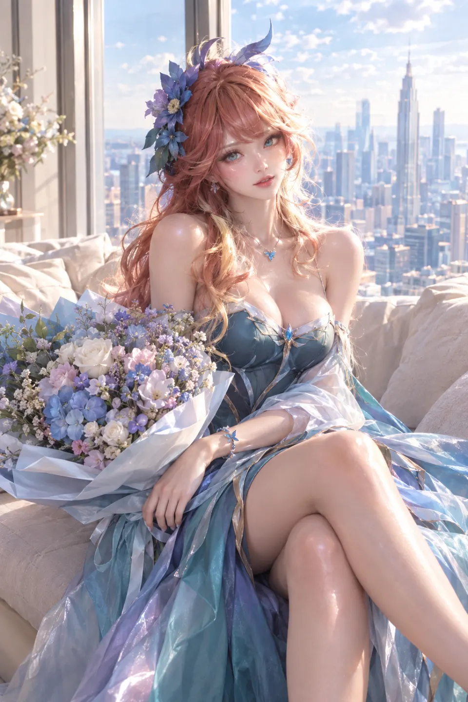 窗边花束与城市少女