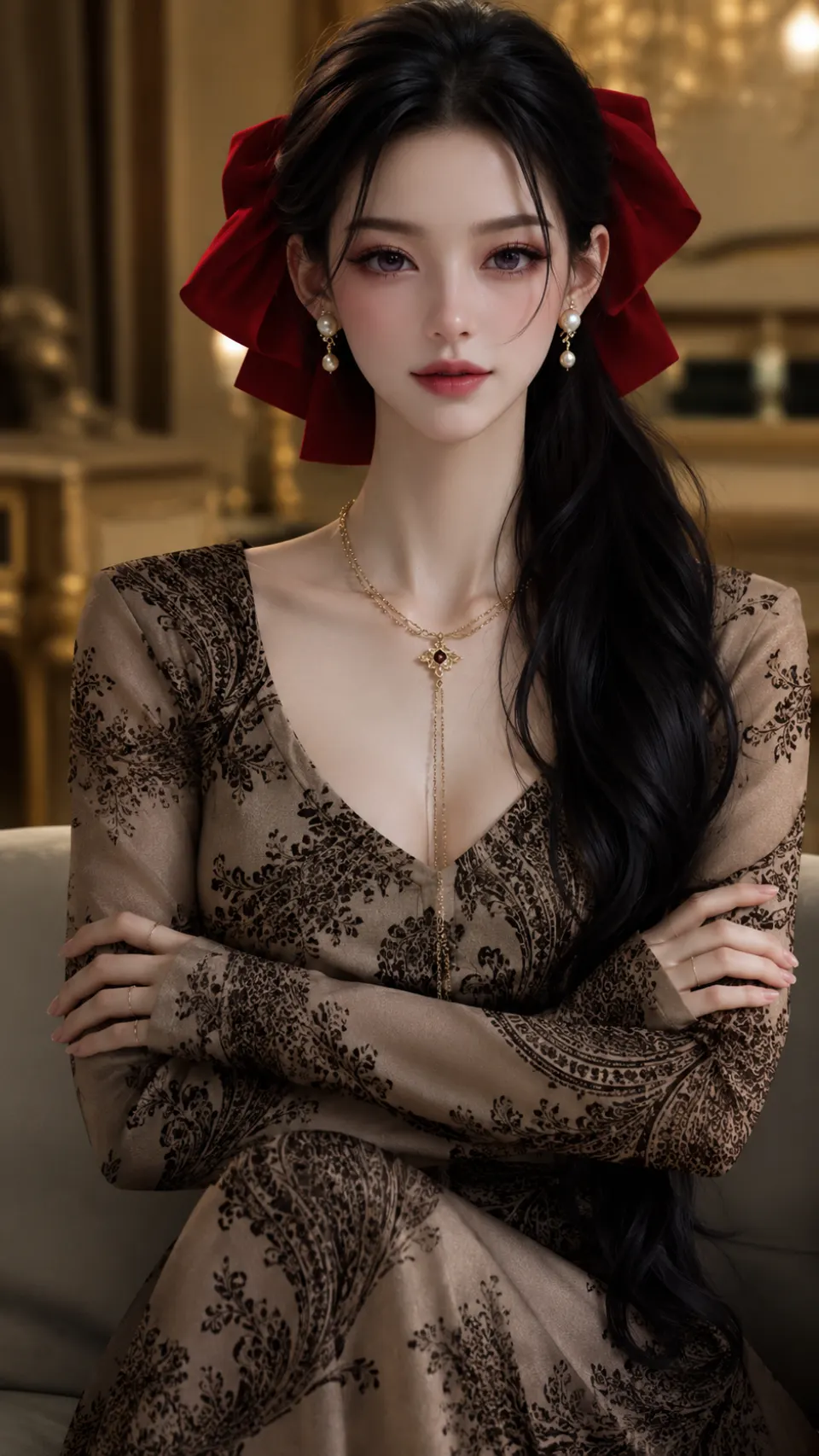 红色蝴蝶结与黑发女性