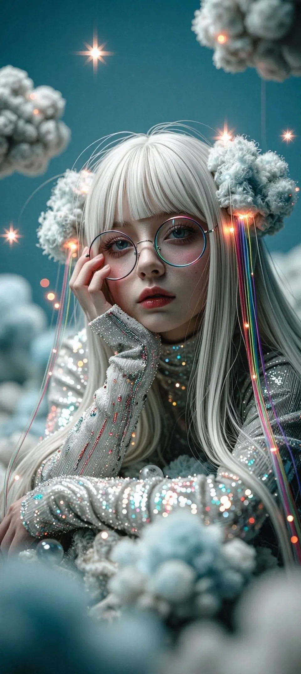云端幻梦：银发少女与彩虹光流