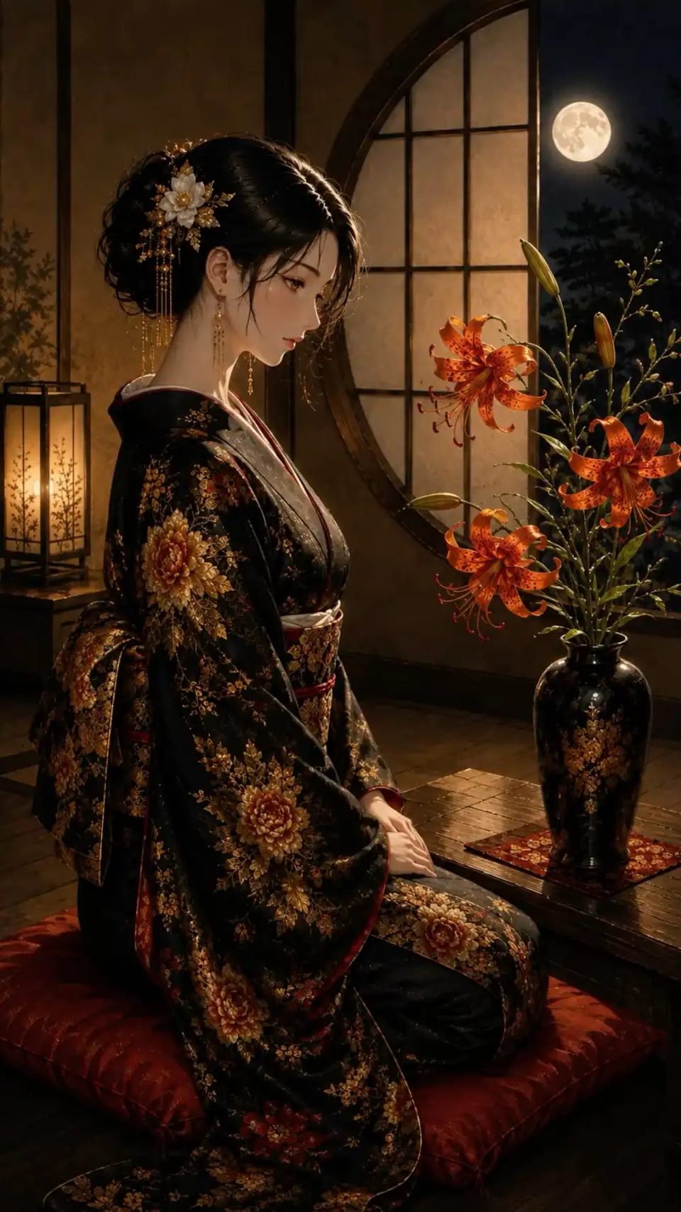 月下百合与和服女性
