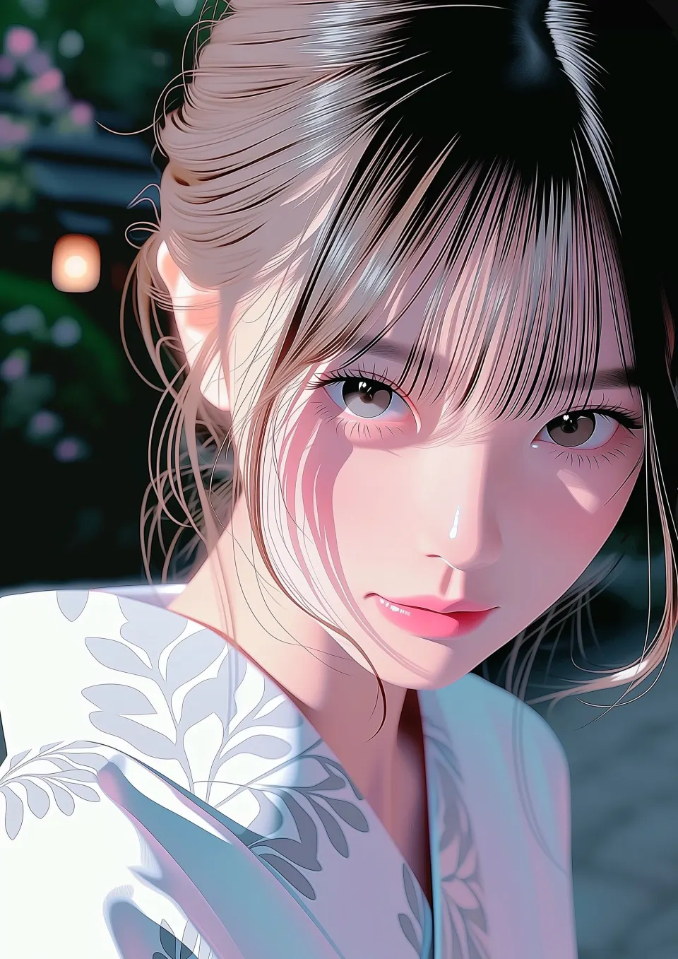 夏夜庭院的和服少女