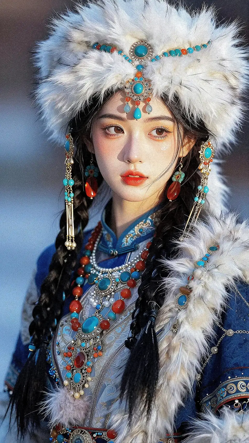 雪域蓝袍藏族少女肖像