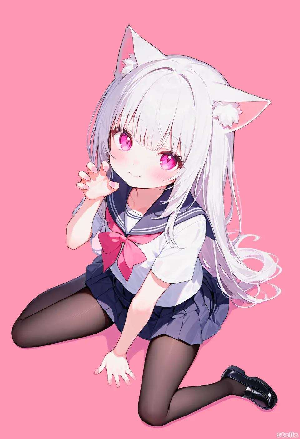 粉色背景猫耳少女