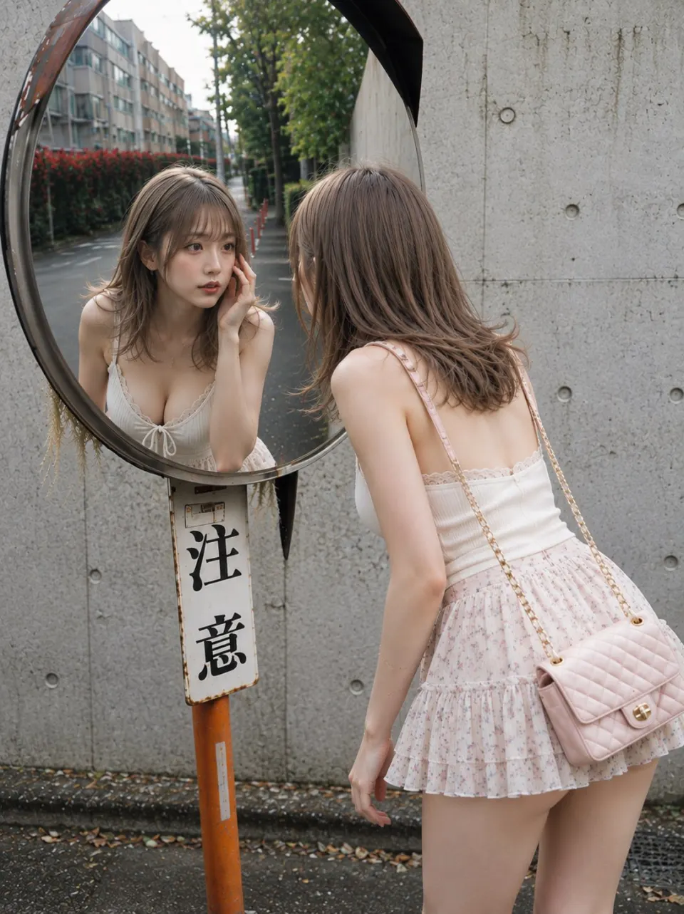 街头凸面镜中的粉色造型
