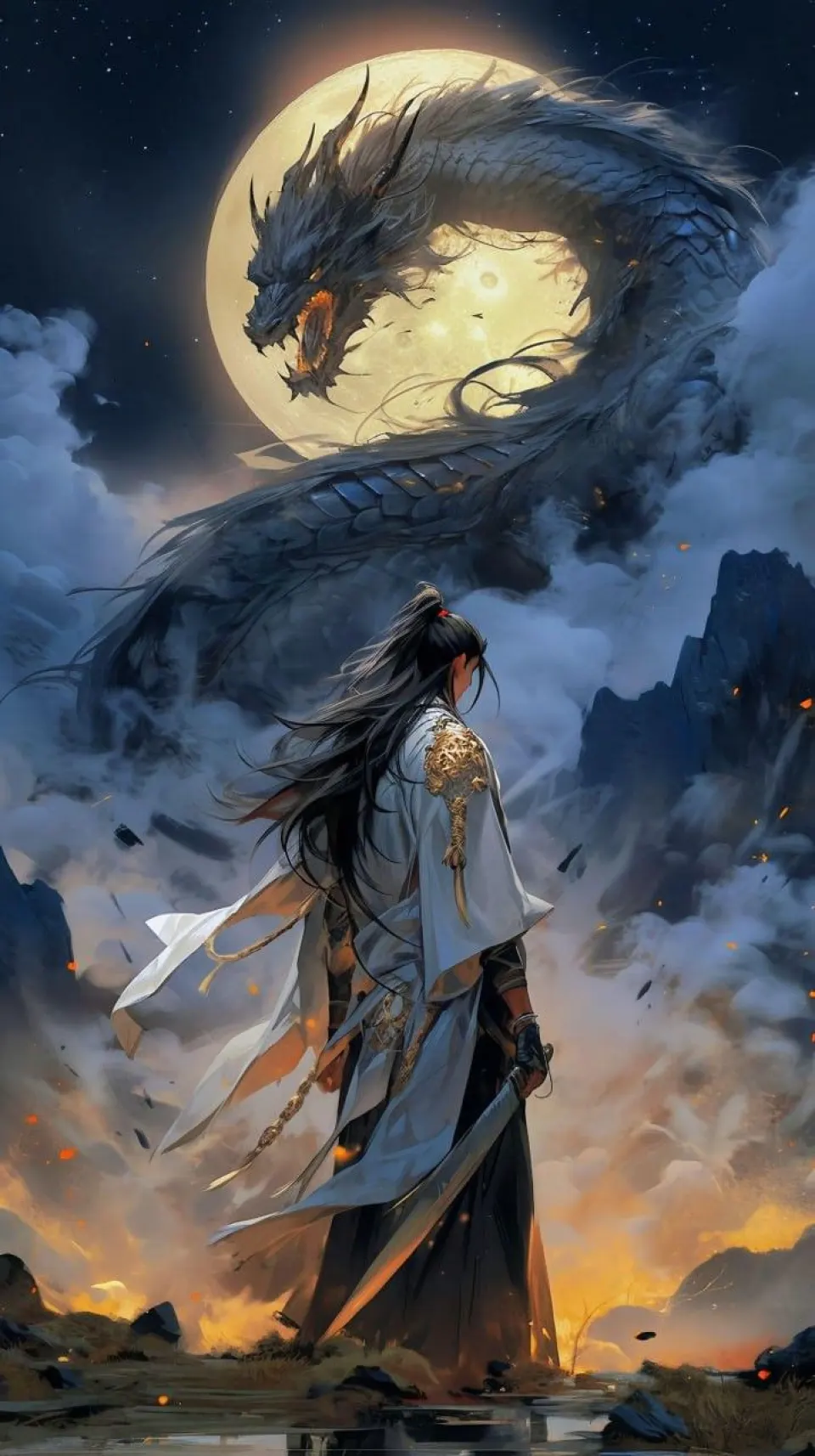 月夜龙影与白衣剑客