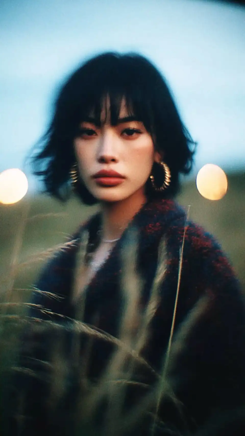 蓝调散景中的短发女子