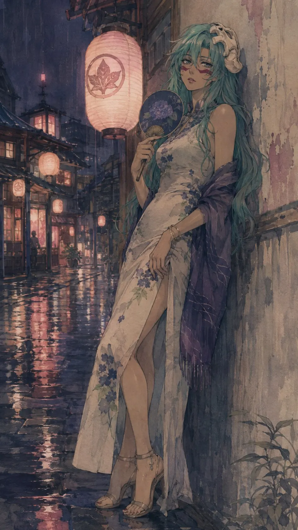 雨夜古镇持扇少女