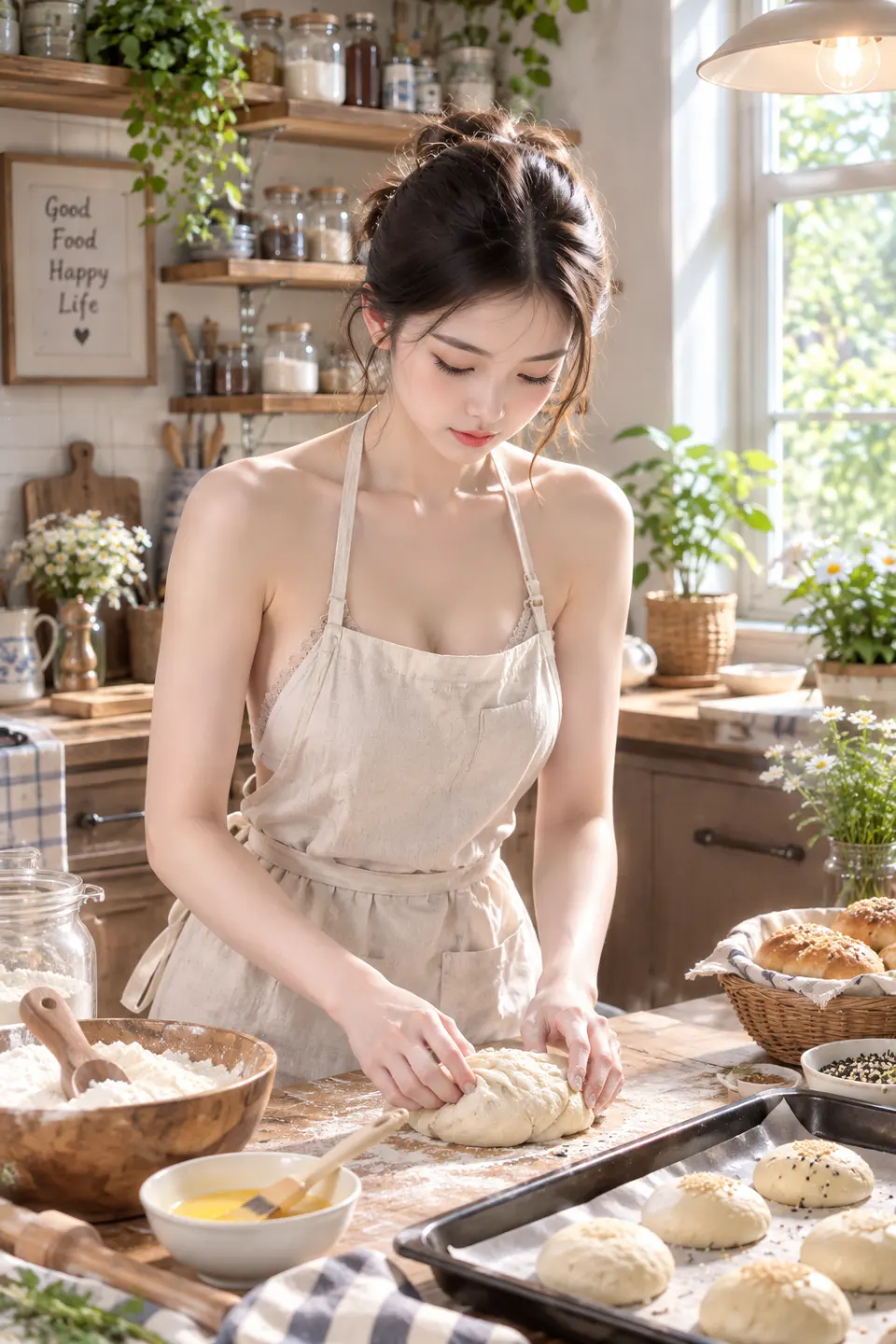烘焙生活人像：厨房中制作面包的围裙女性