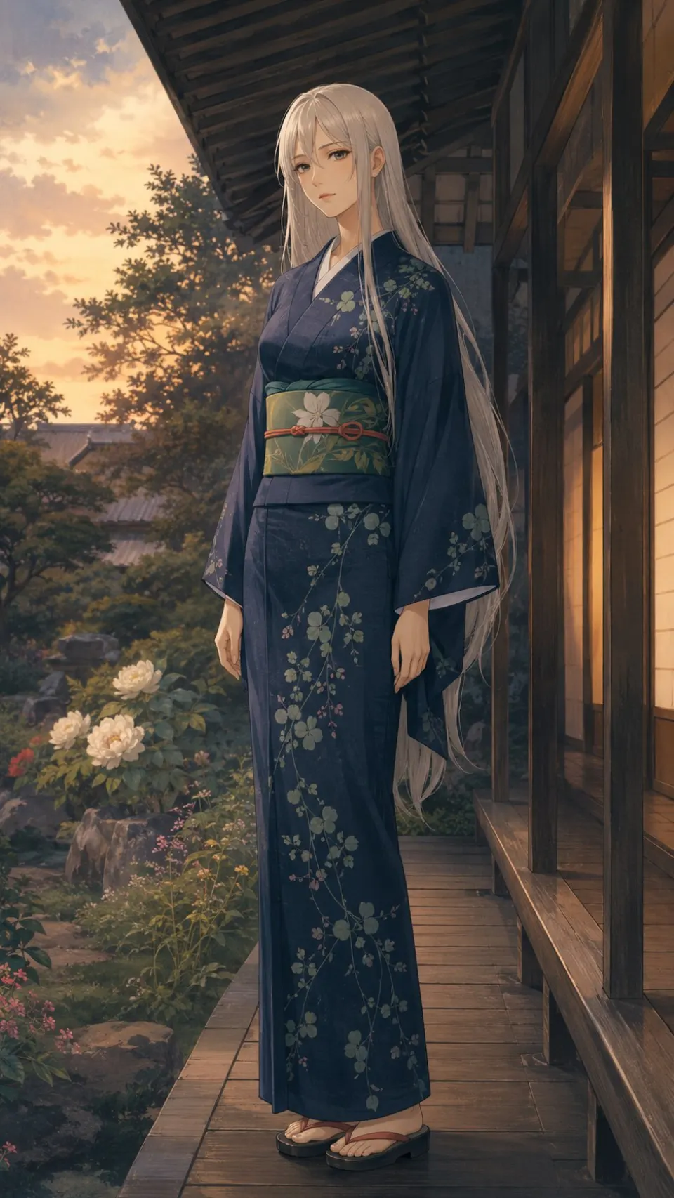暮色庭院中的银发和服少女