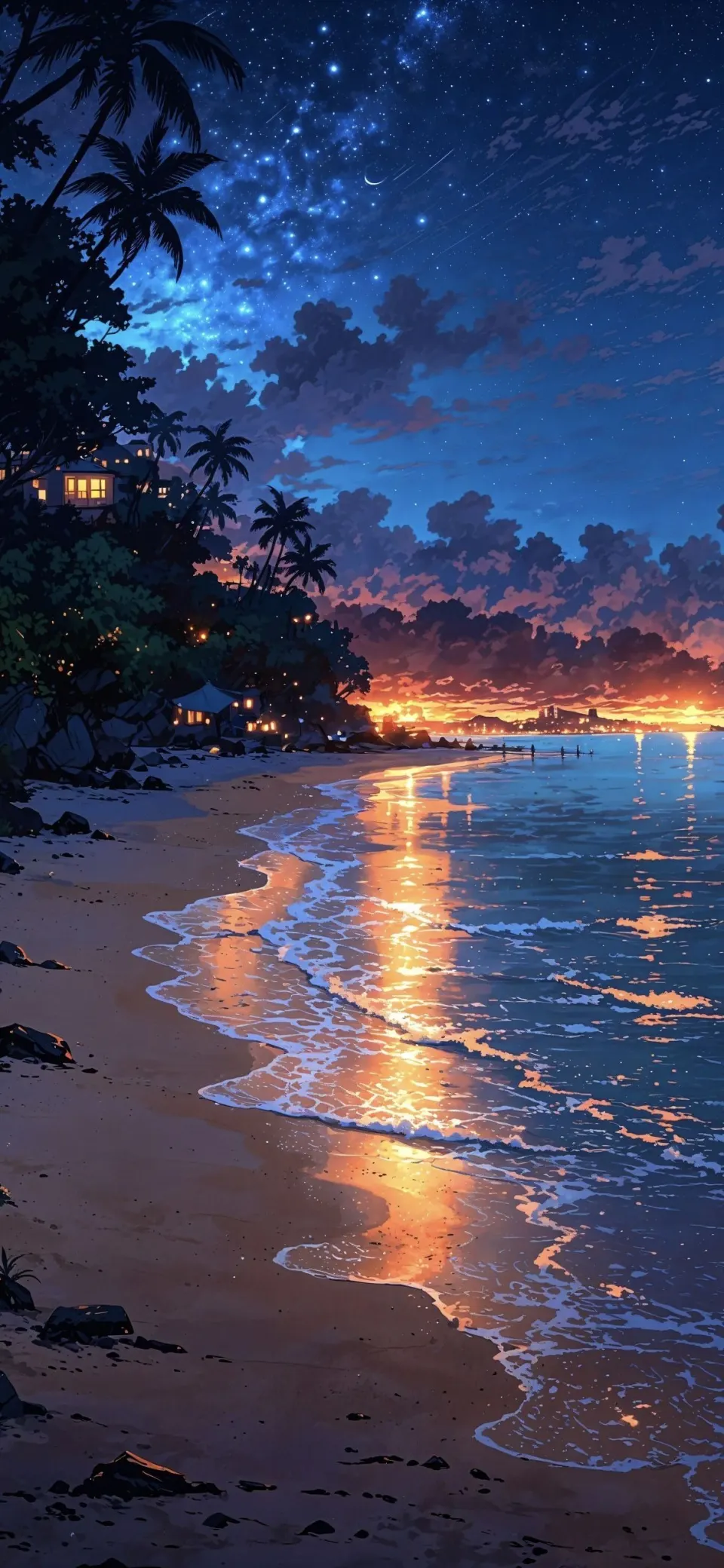 星夜海滩与落日余晖