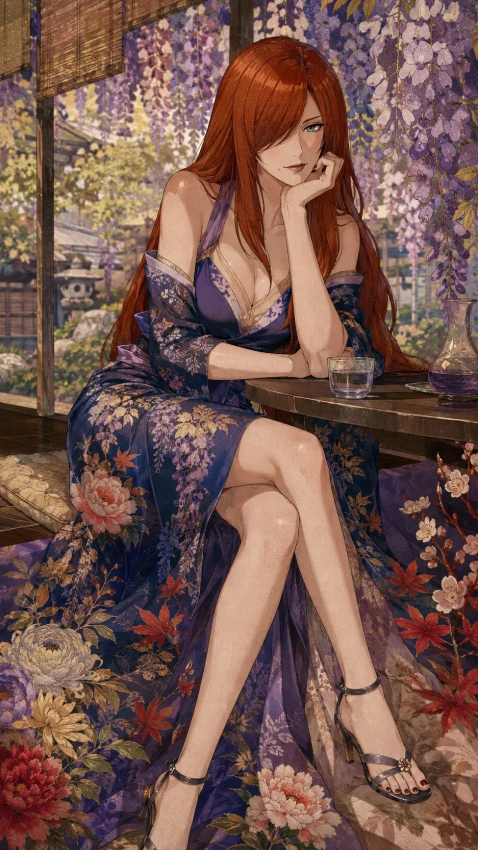 紫藤花下的红发和服少女