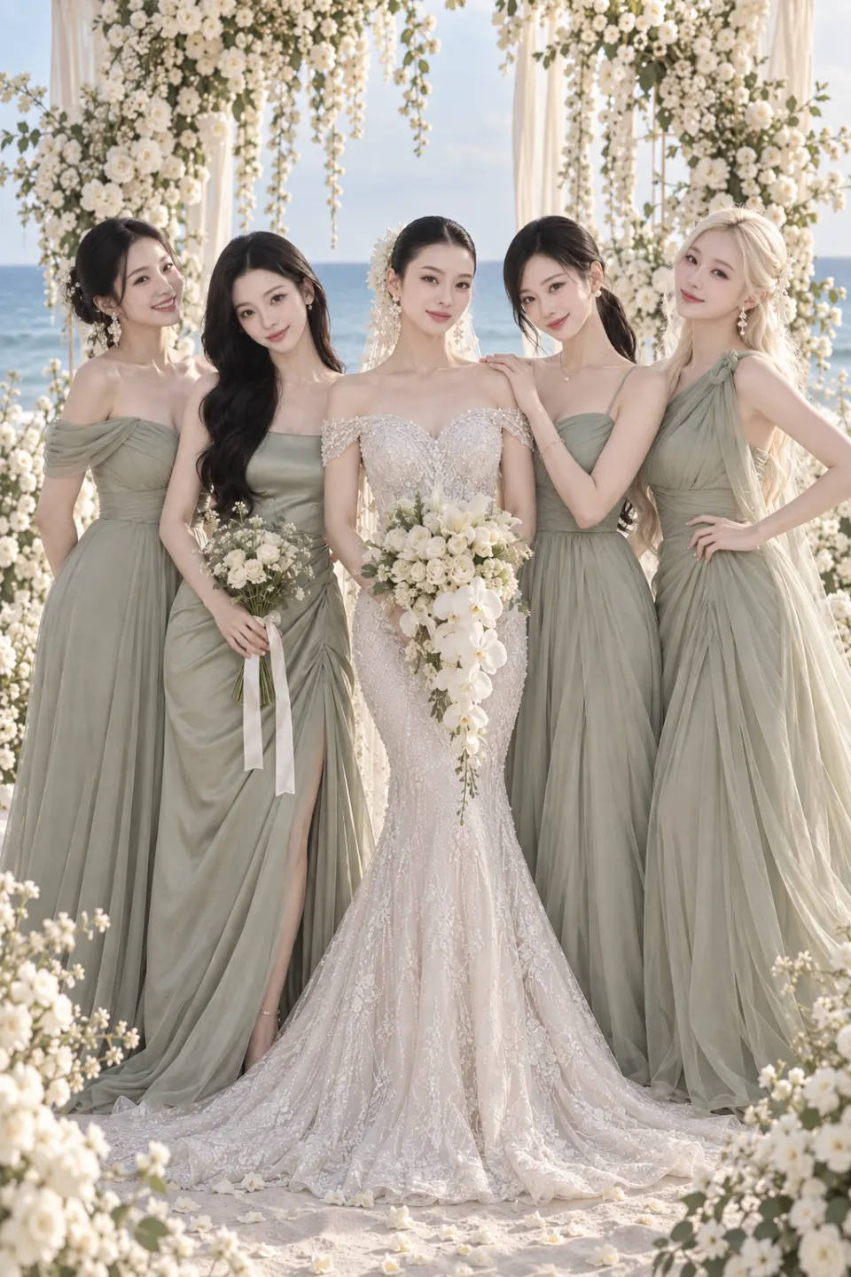 婚礼人像：海边花门下的新娘与四位伴娘