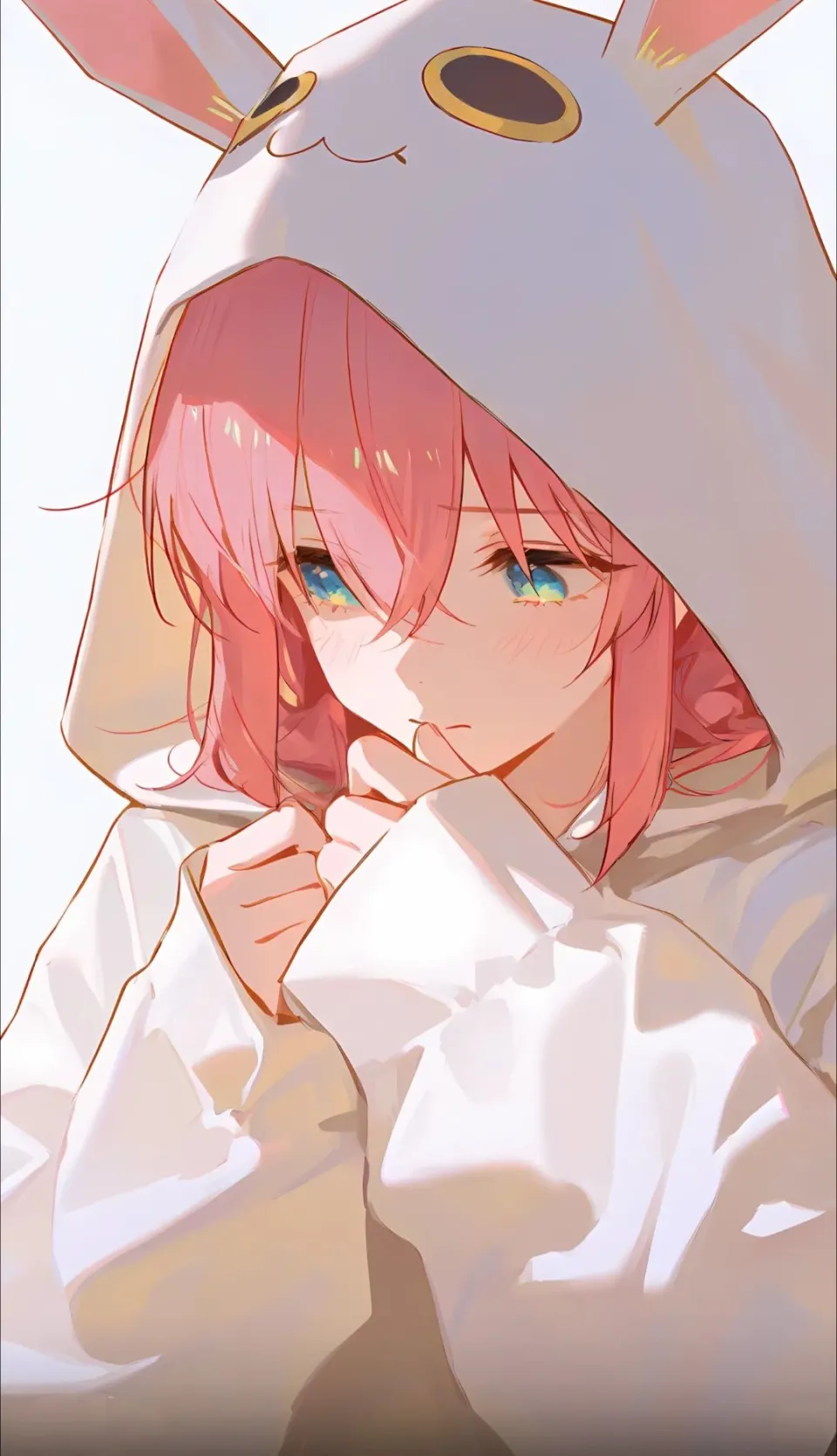 粉发少女白色兔耳连帽衫插画