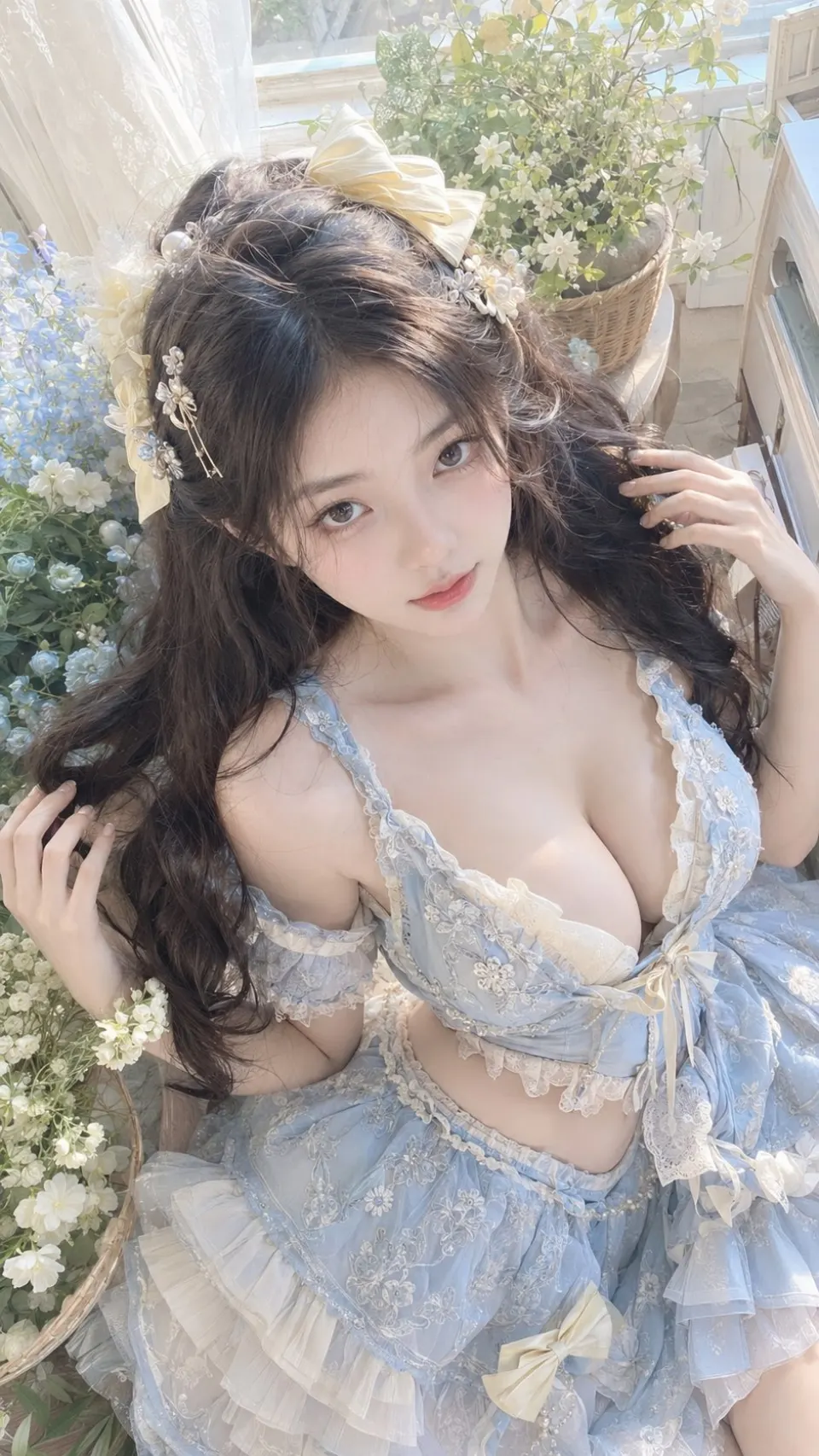 花园窗边的蓝色蕾丝少女