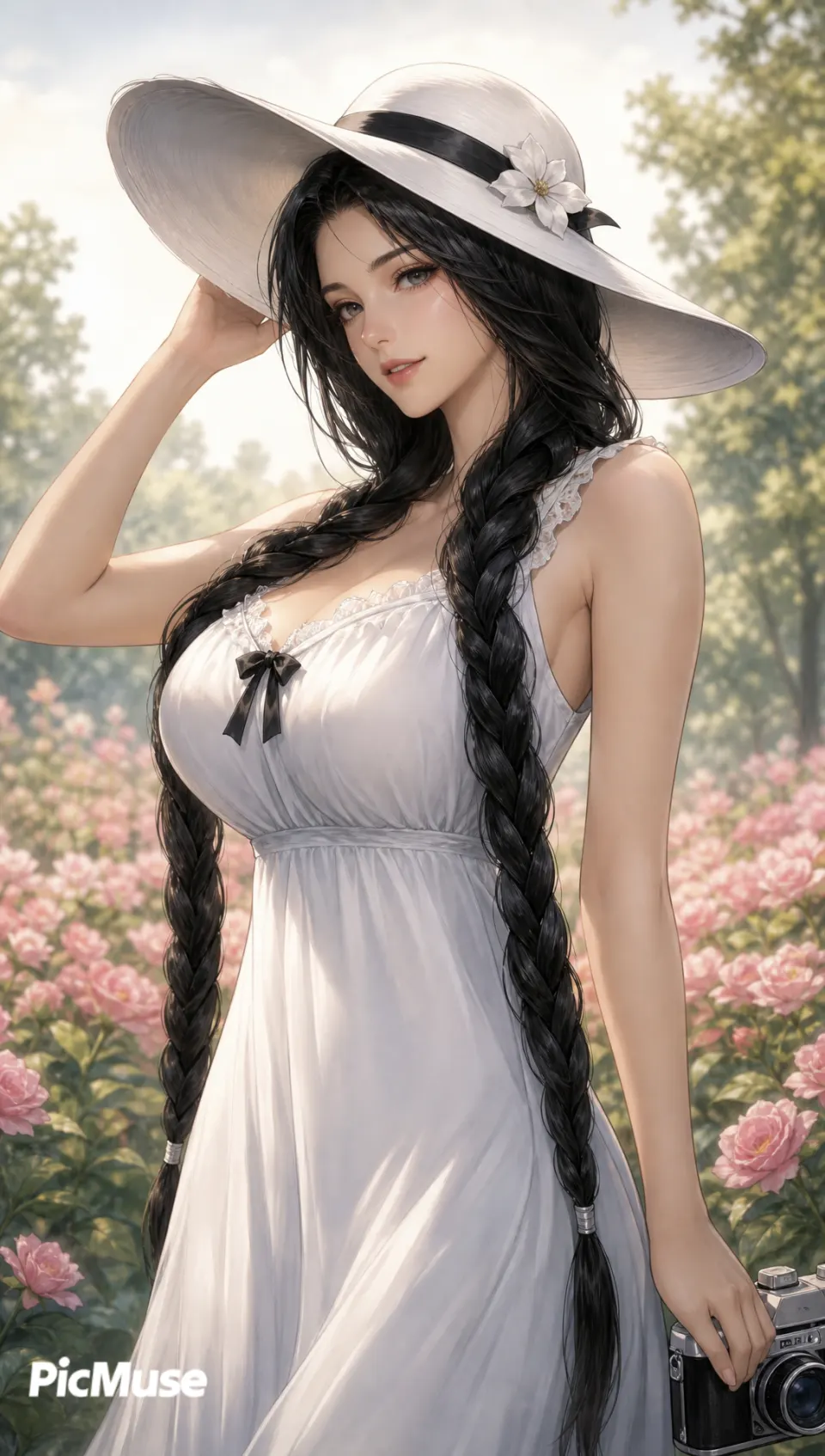 玫瑰园中的白裙少女