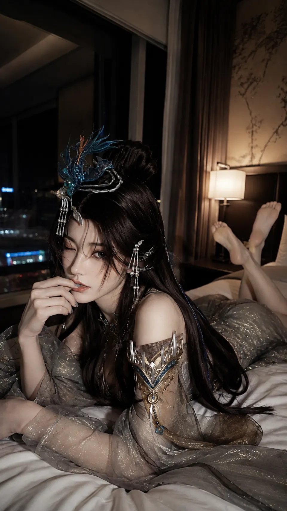 窗边夜景中的古风人物