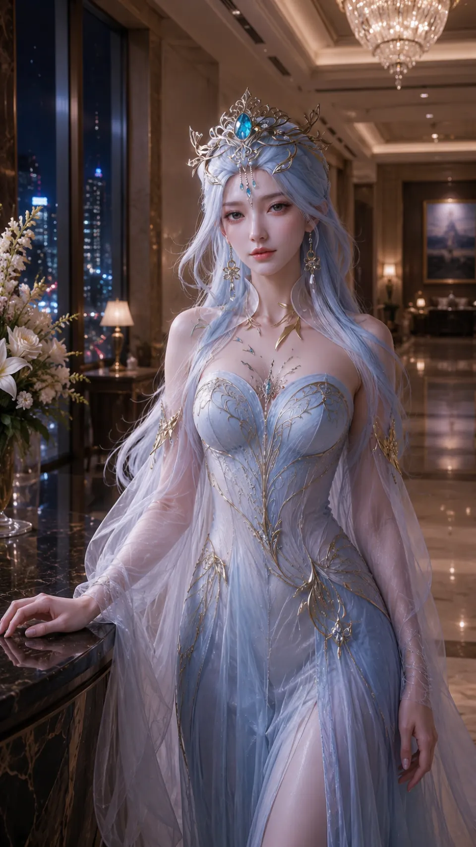 水晶大厅中的蓝发礼服女性