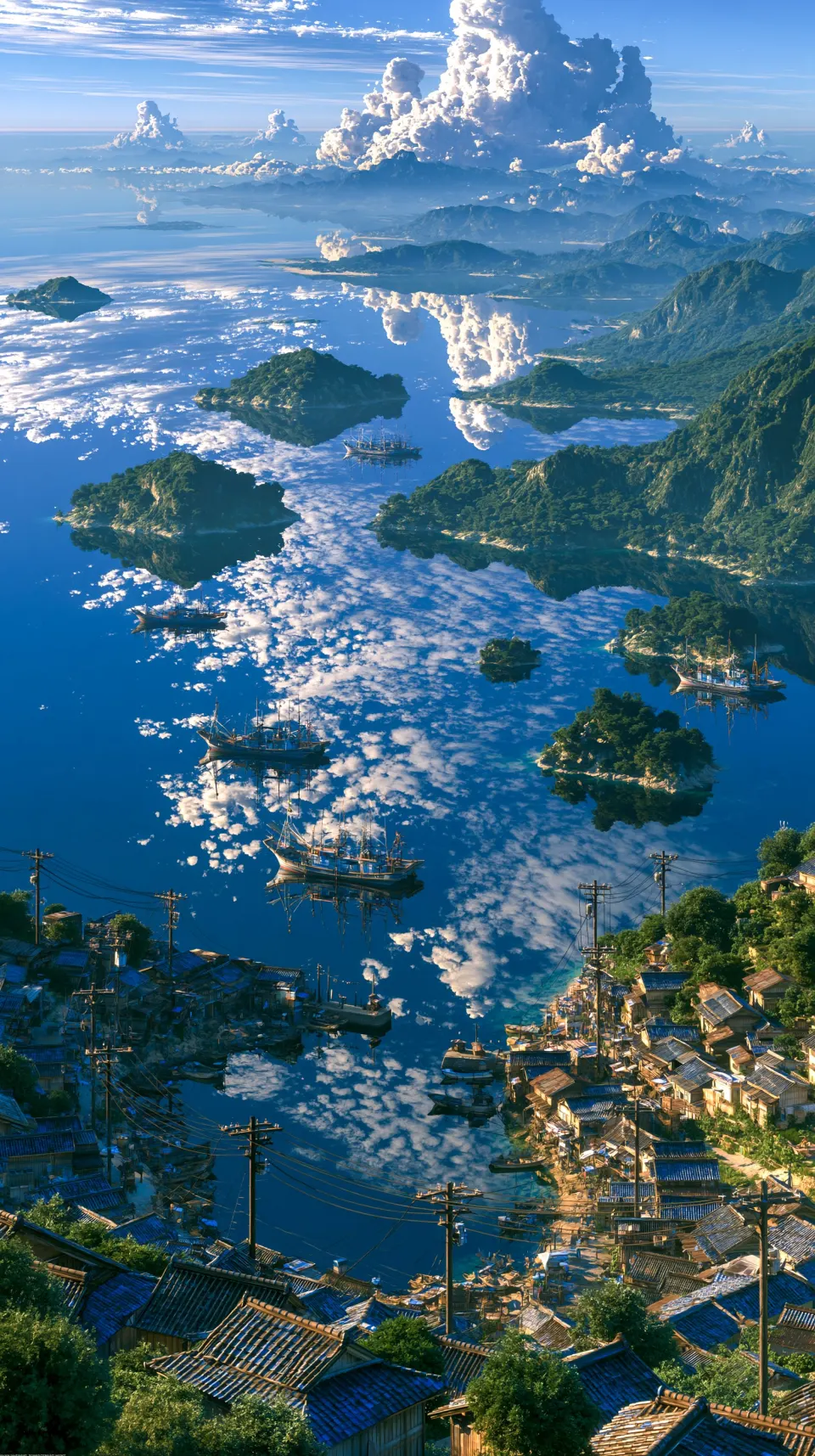 云影倒映的沿海渔村