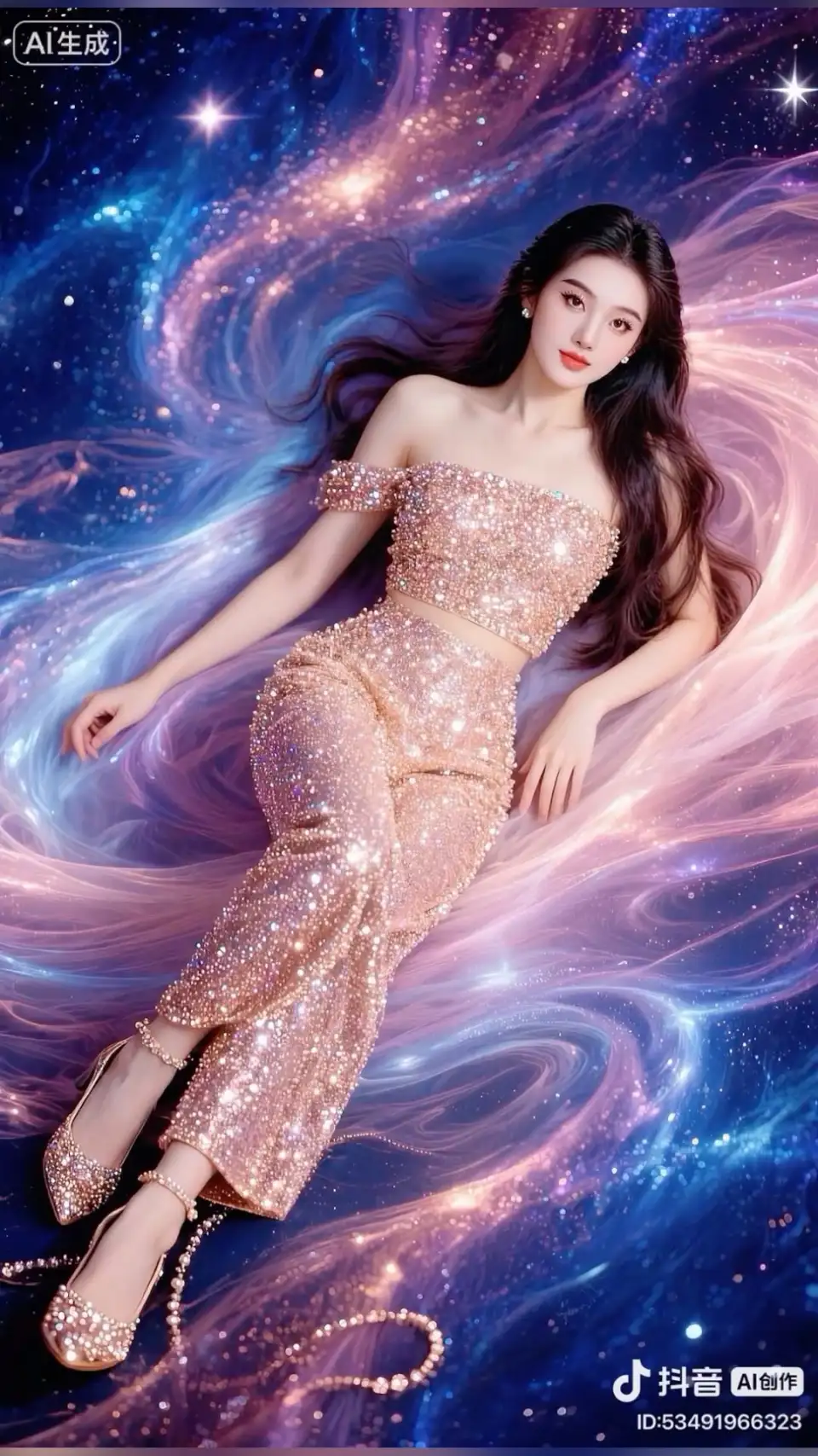 奇幻女性角色：漂浮在星云中的粉金亮片礼服女性。