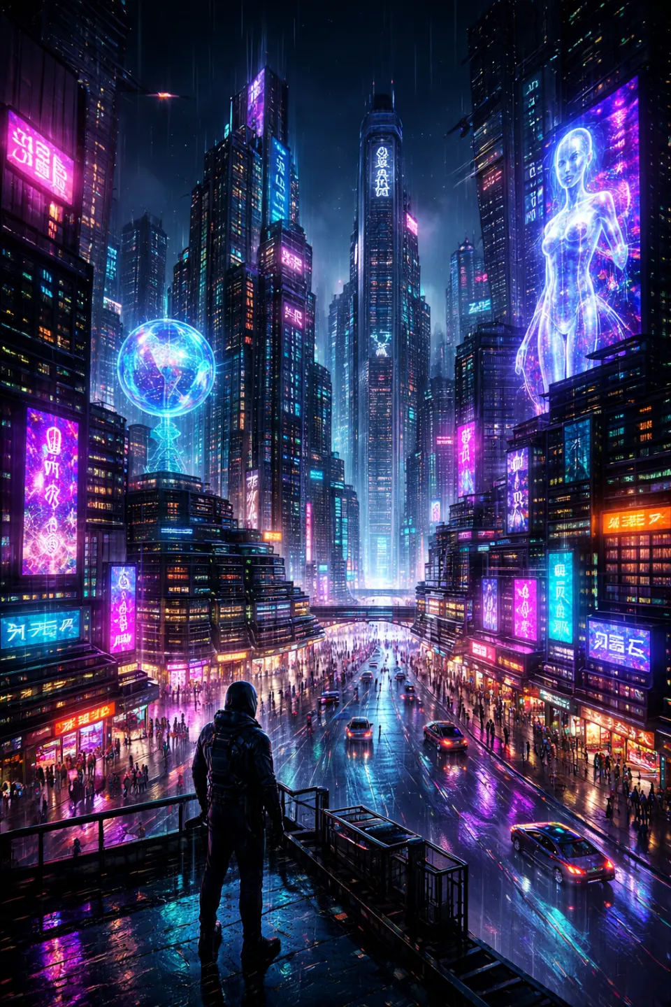 雨夜悬台上的霓虹巨城