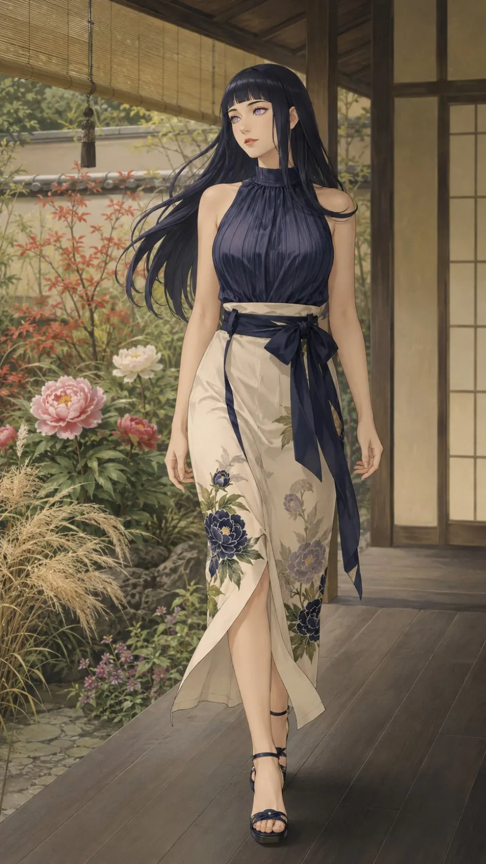 日式庭院中的深蓝花卉长裙少女