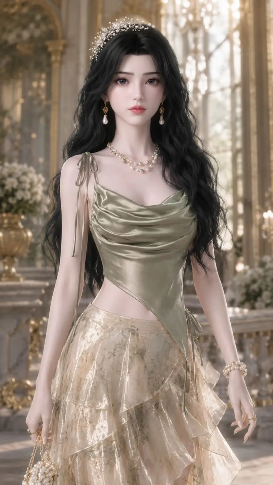 金绿绸缎礼服的宫廷少女