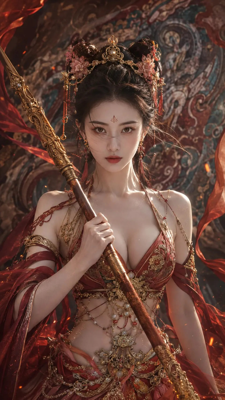 红绸金甲持杖神女