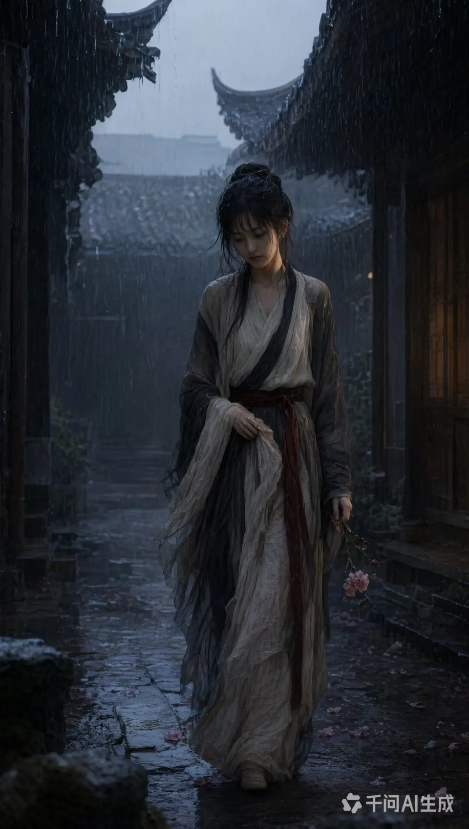 雨巷持花古装女子
