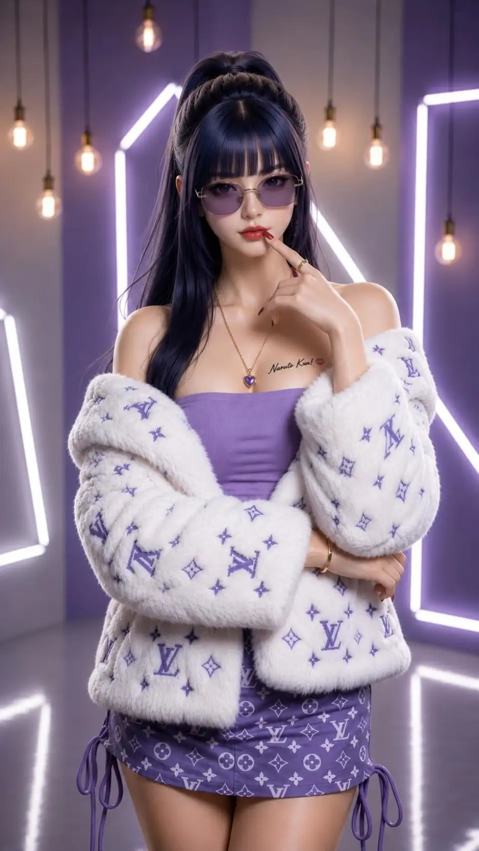 紫色霓虹中的黑发少女