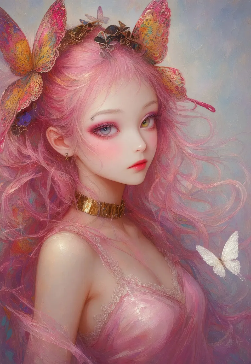 粉发蝶翼少女奇幻肖像