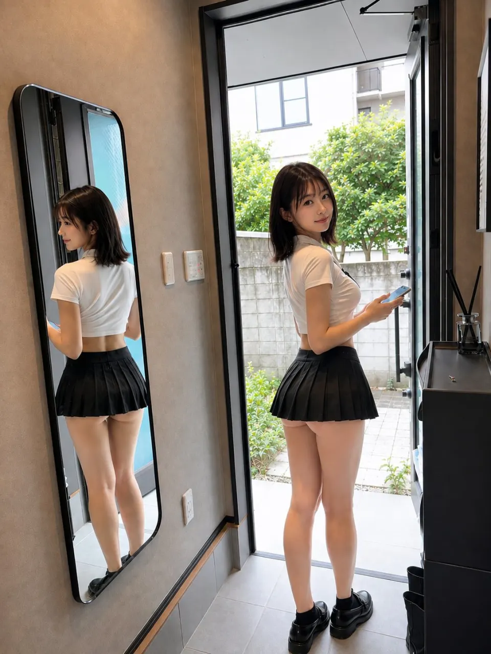 镜前白衣与庭院倒影