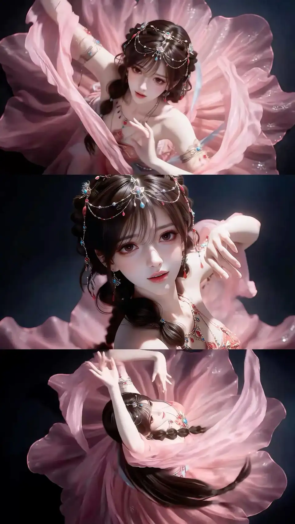 古风角色三联画：粉色花瓣纱衣的古风女性
