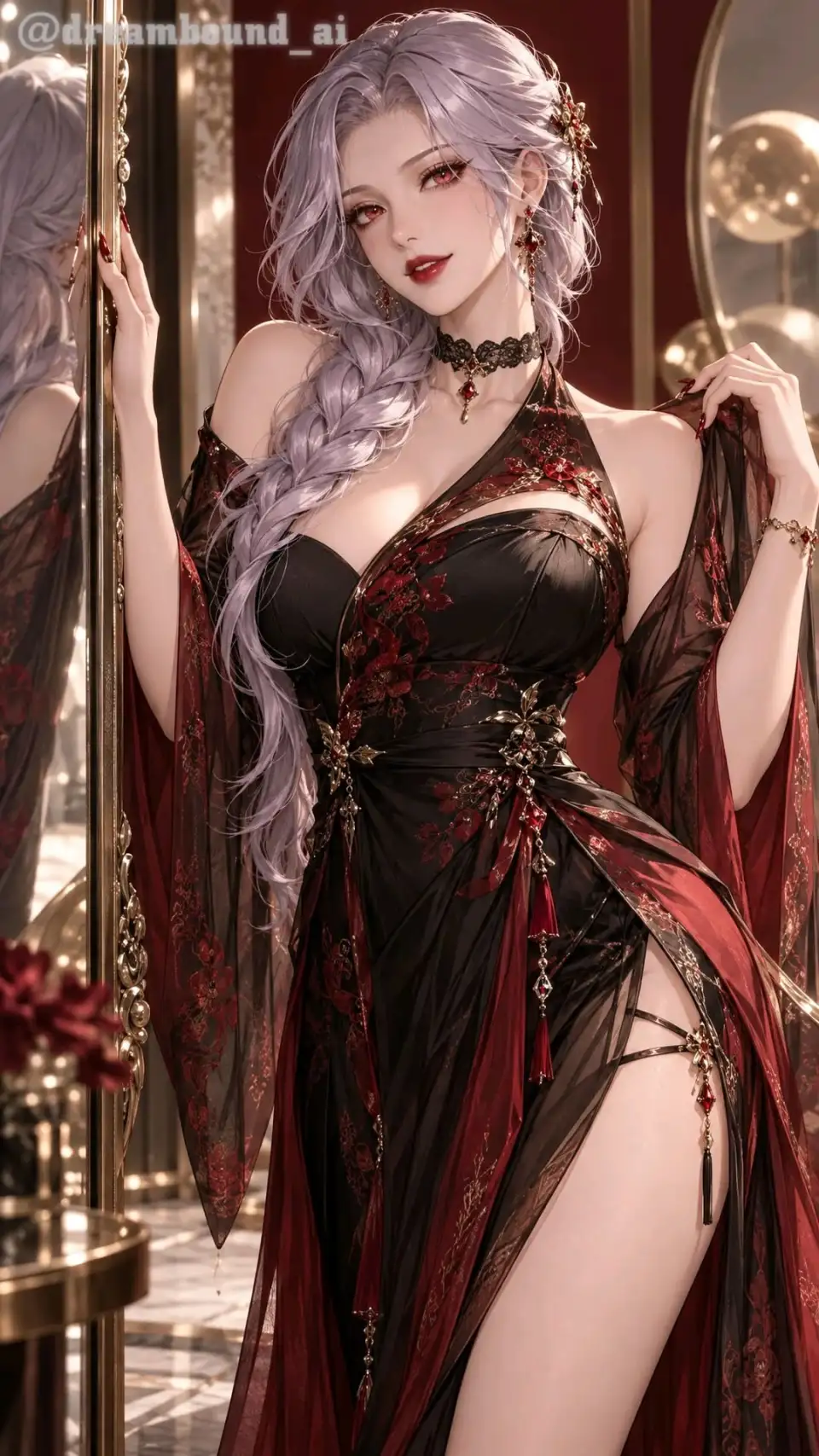 奇幻女性角色：银紫发、黑红刺绣礼服的成年女性角色。