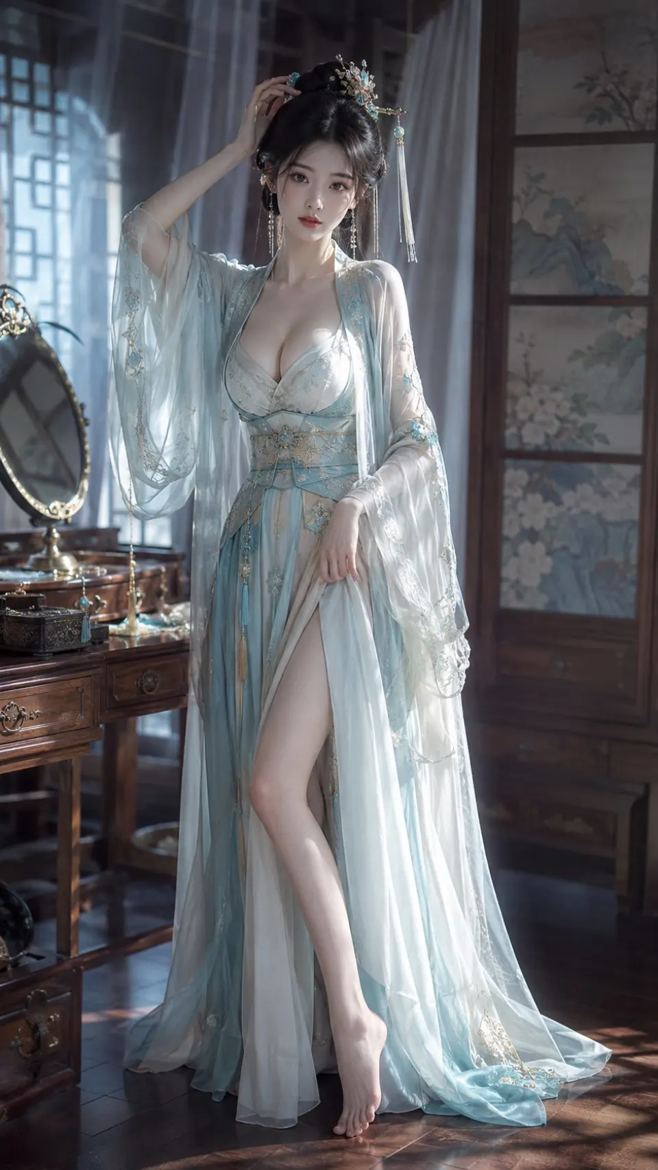青纱闺梦：古典仕女晨妆图