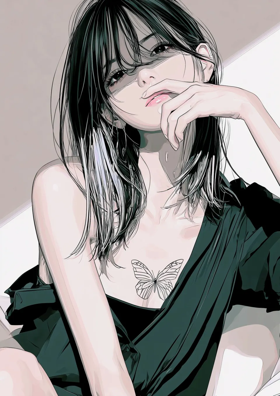 黑发蝴蝶纹身少女插画