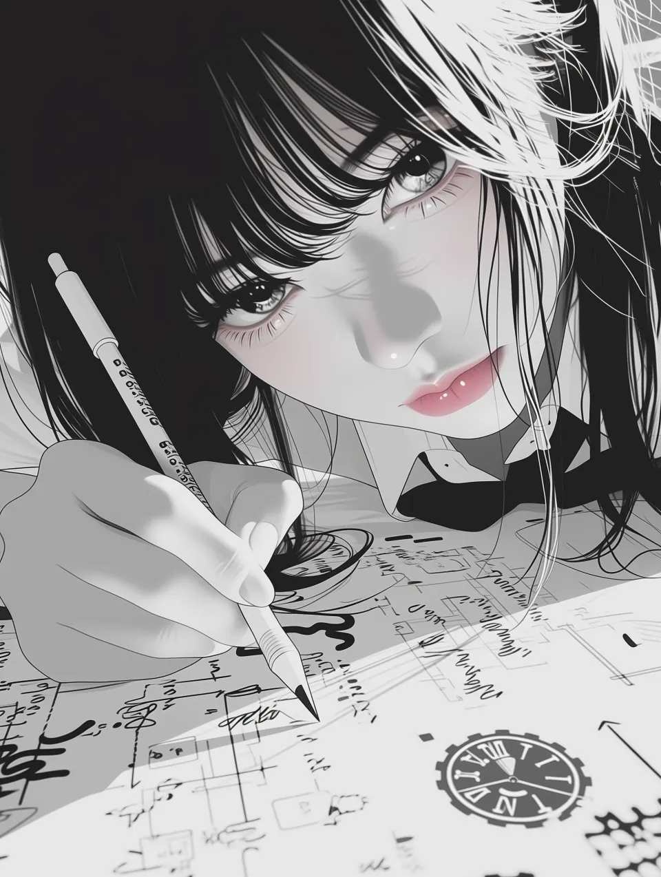 伏案绘图的动漫少女