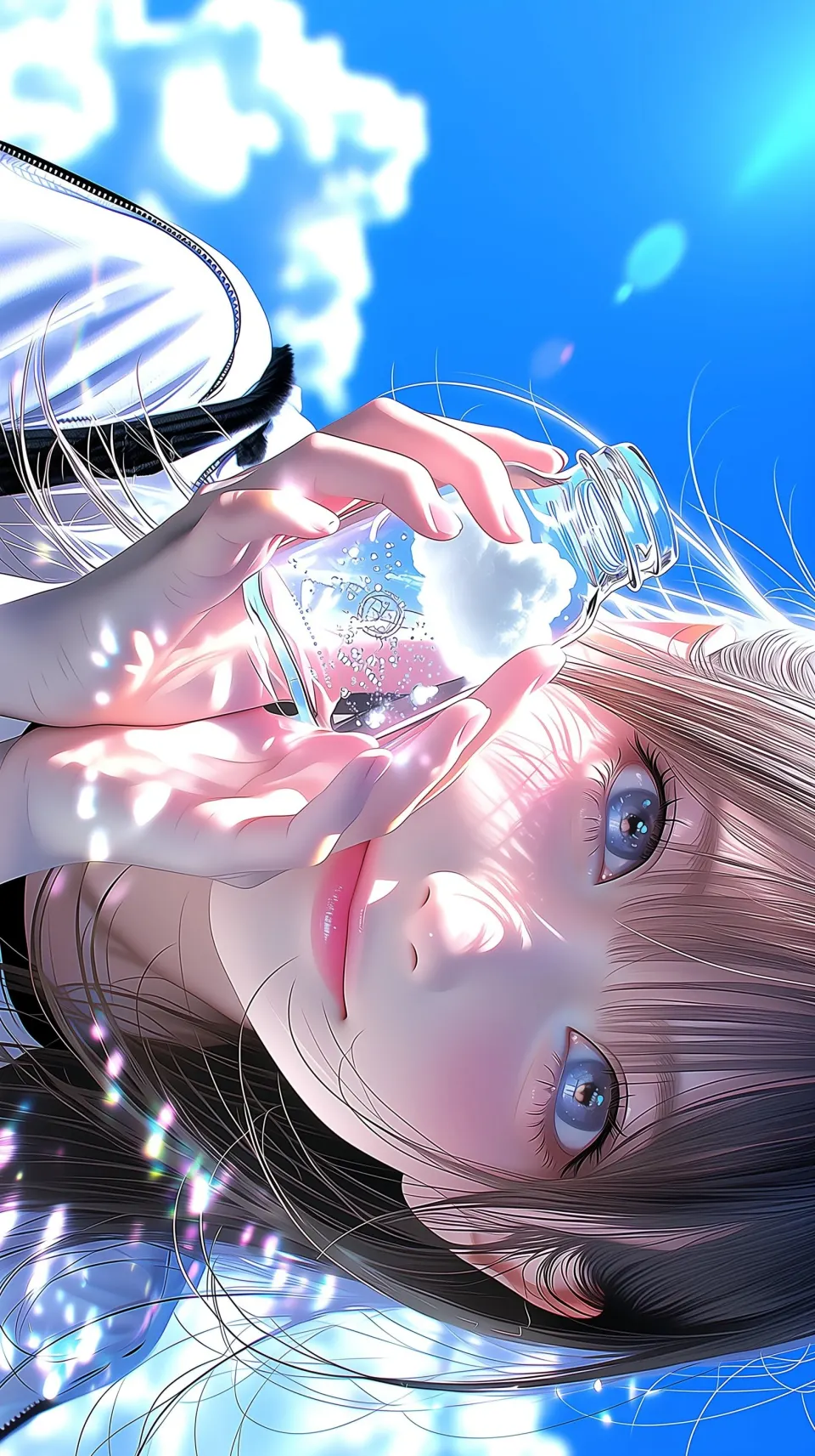 蓝天下的玻璃瓶少女