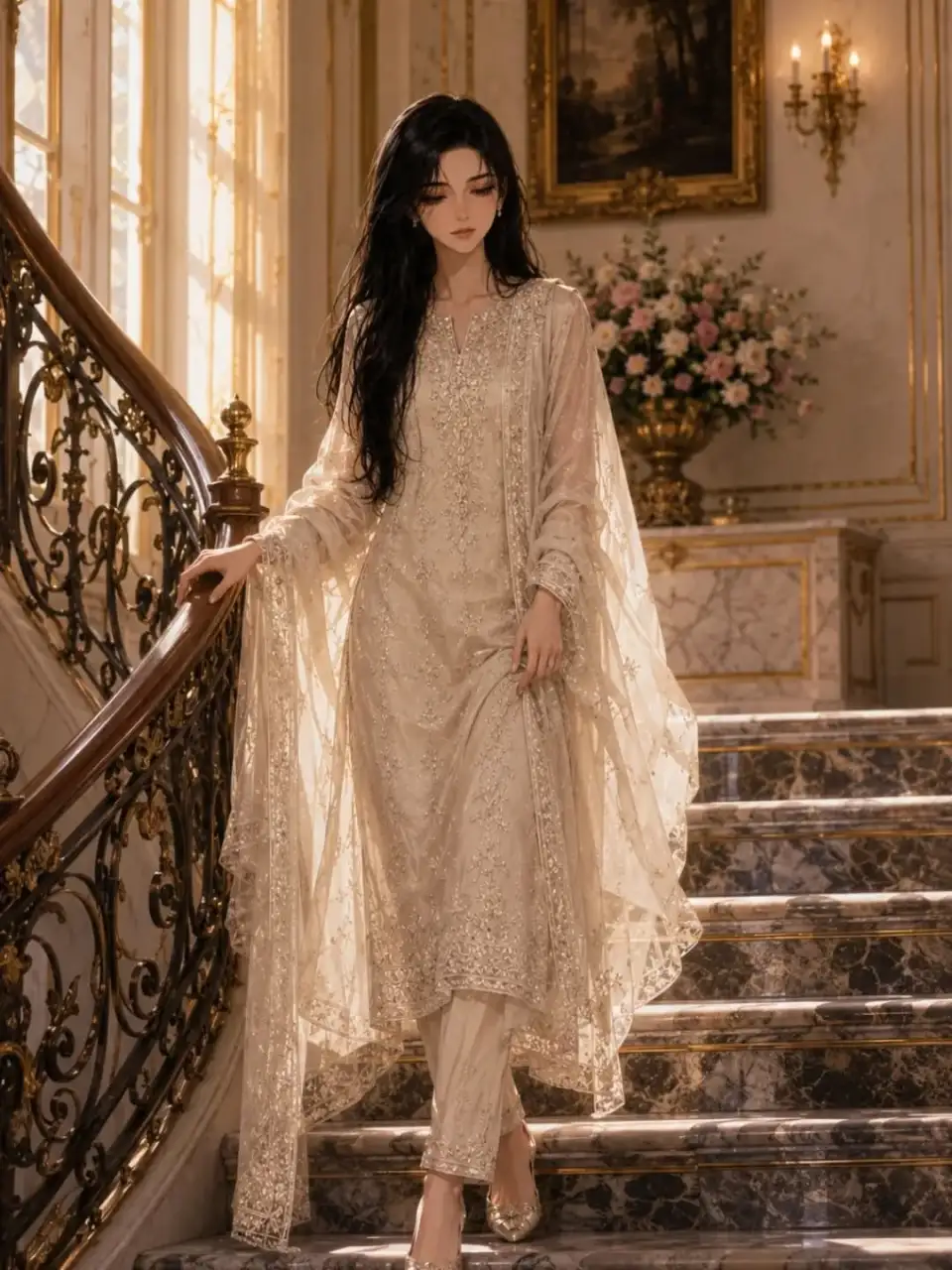 华宅楼梯上的米色刺绣长裙少女