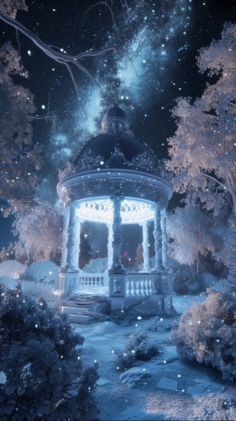 星夜下的冰雪凉亭