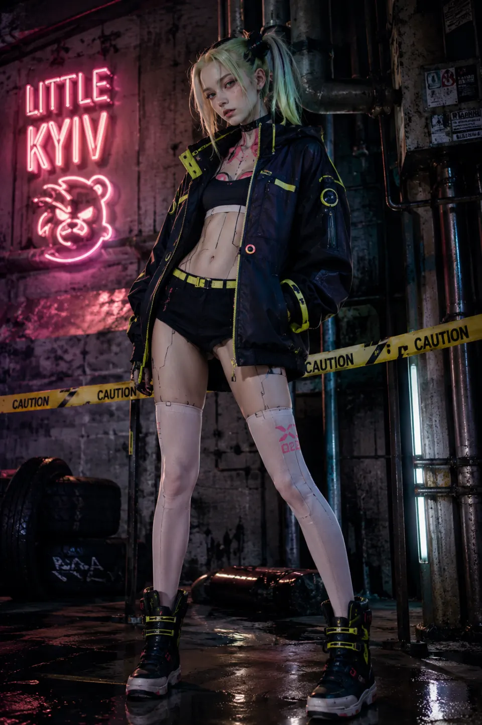 警戒线前的霓虹朋克女性