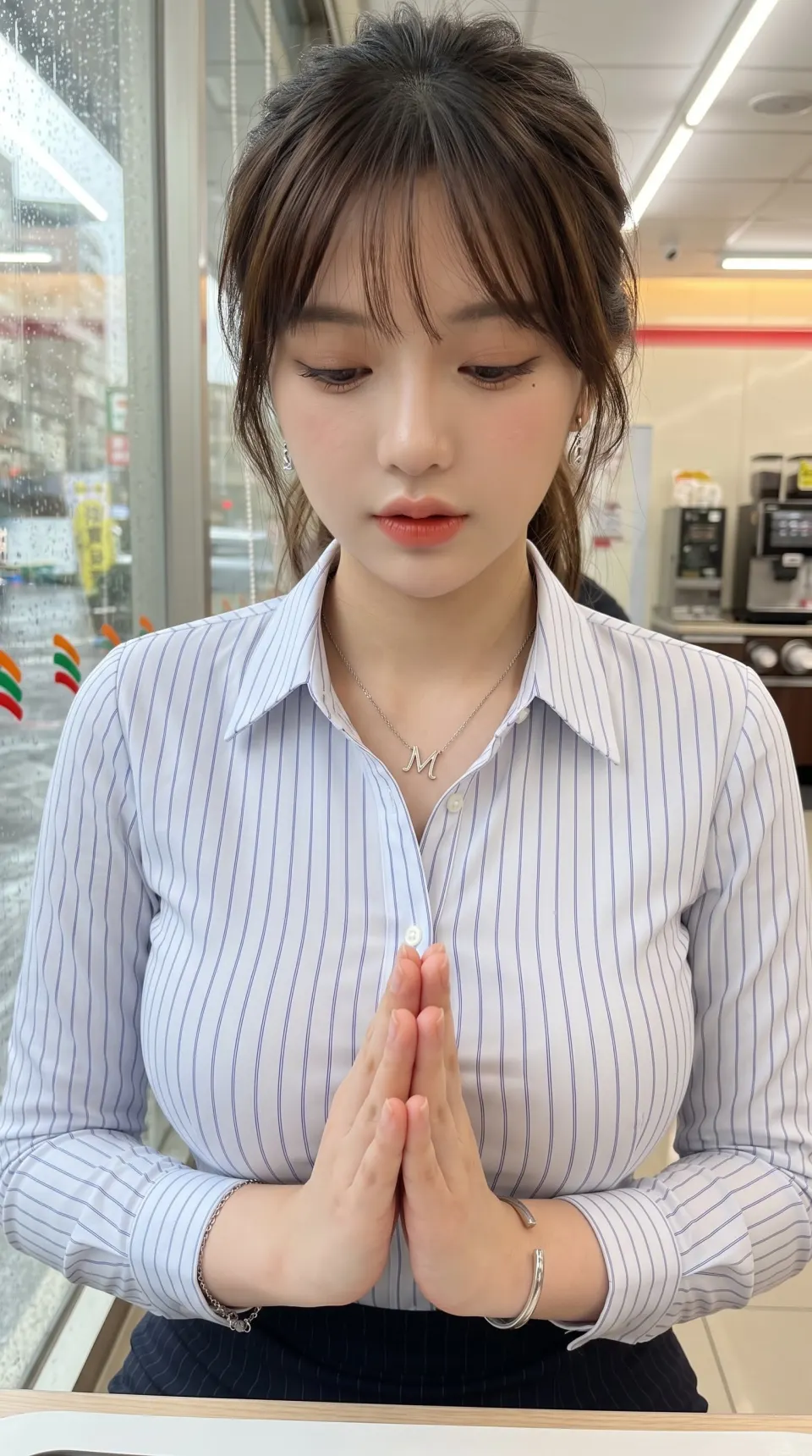 便利店窗边的双手合十