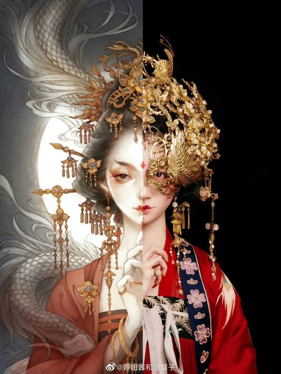 古典与戏曲妆容的分屏女子