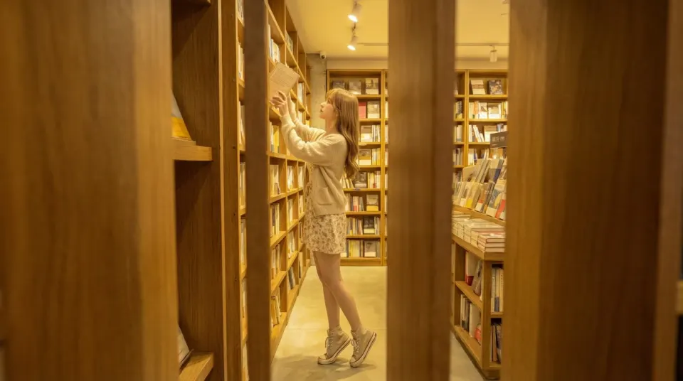 书店暖光下的阅读少女