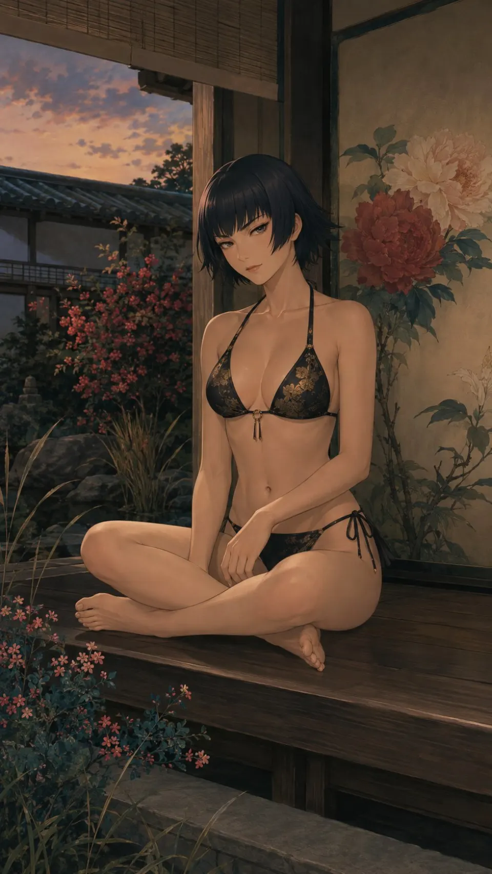 黄昏庭院中的黑衣少女