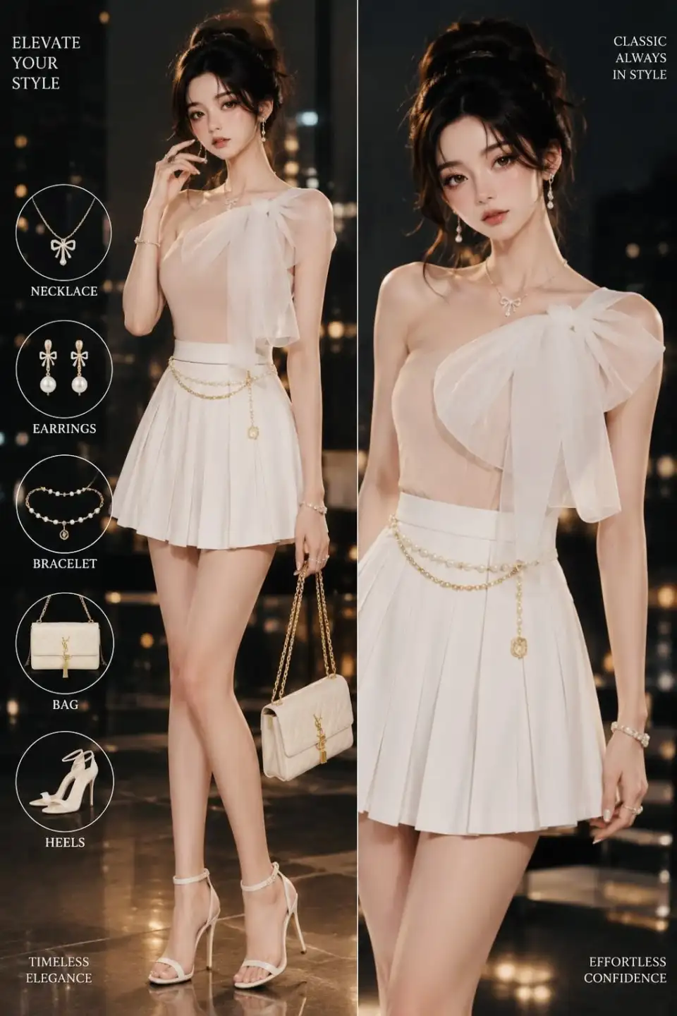 都市夜景下的白色蝴蝶结礼服少女